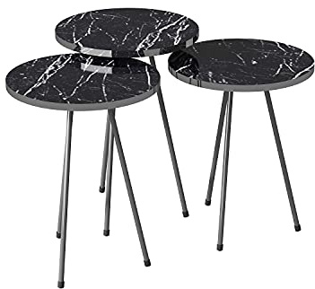 moebel17 Beistelltisch 3er Set, rund 38 cm Durchmesser, Höhe 46, 49, 52 cm, Satztisch Metallgestell, Wohnzimmertisch Tisch, Schwarz, Marmoroptik, Silberne Füße, einfache Montage, 6177