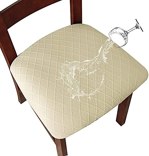 SHENGYIJING Fundas de asiento elásticas impermeables de celosía de diamante para sillas de comedor, fundas de sillas de cocina con hebilla (beige, 4)