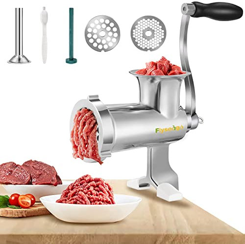 Flyseago Molinillo manual de carne de acero inoxidable, máquina de molienda de alimentos, relleno de salchichas, relleno de manivela, picadora picadora para uso doméstico, carne molida, verduras,