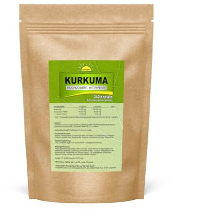 Kurkuma mit Piperin aus Schwarzem Pfeffer, 240 Kapseln, ohne Zusatzstoffe