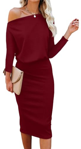 Ezbelle Off The Shoulder Batwing 3/4 Sleeves Dresses for Woman Casual Spring Fall Midi Bodycon Dress Burgundy Small
