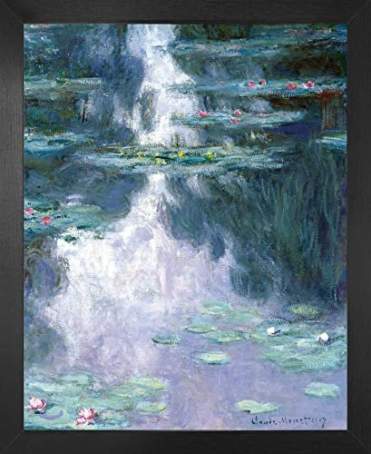 1art1 Claude Monet Poster Kunstdruck Bild und MDF-Rahmen - Seerosen, 1907 (dunkelblau) (50 x 40cm)