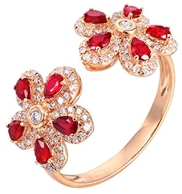 Epinki Echt Gold Eheringe Rosegold 18 Karat Au750 Frauen, Rubin Freundschaftsringe Rot 0.8ct Doppel Blumen Pärchen Ringe Au750 Rotgold mit Diamant, Gr.49 (15.6)