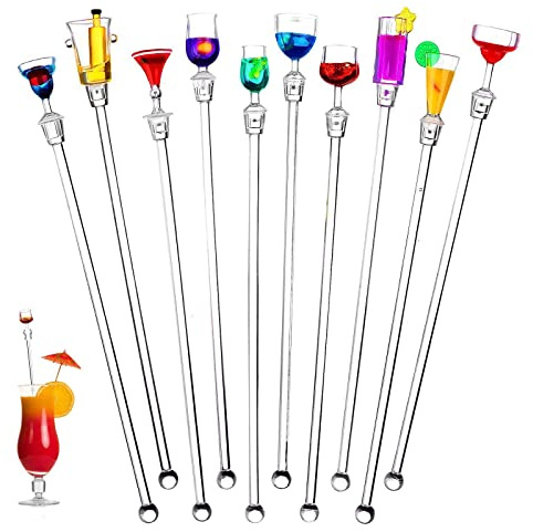Cocktail Swizzle Stirrer Sticks, Xfaiz Pack of 10 Cocktail Mixing Spoons Colorful Acrylic Cocktail Drink Stirrer for Bars Cafes Restaurants Home Use