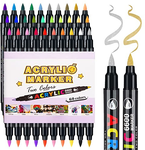 LIGHTWISH Acrylstifte für Steine Bemalen, 60 Farben Acrylstifte Marker mit zwei Pinselspitzen, Permanent Acrylmarker für Steine malerei, Keramik, Glas, Holz, Metall, Leinwand, DIY Fotoalbum