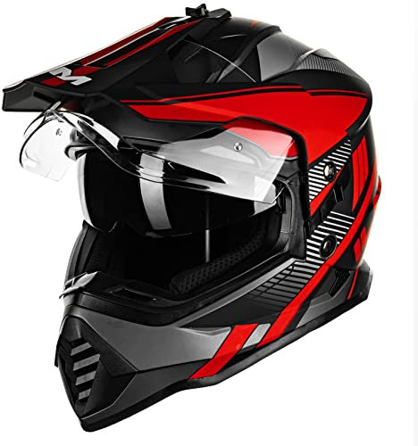 ILM Casco Moto Cross Integrale Donna Uomo ECE Omologato con Doppia Visiera Casco Moto Motocross WS902,Rosso Nero,M