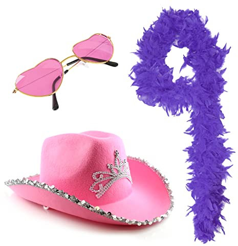 Love Tour Zubehör Set - Rosa Cowboyhut mit Tiara, 65g lila Federboa, rosa herzförmige Sonnenbrille - Erwachsene Pop Icon Konzert Fasching Kostüm