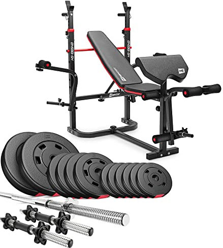 Hop-Sport Hantelbank Kraftstation, multifunktionale Trainingsbank, verstellbare Schrägbank, inkl. Langhantelstange, SZ-Curlstange, Hantelset 38kg bis 135kg, max. Belastbarkeit 250 kg