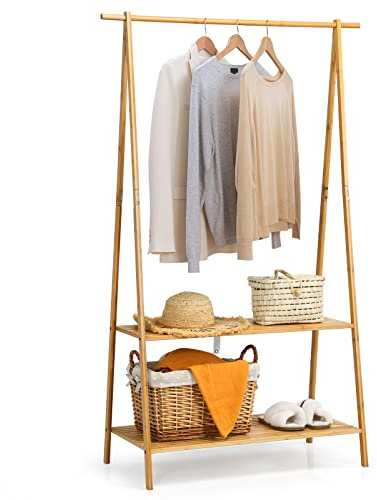 CASART Clothing Rail, Bamboo Hall Tree with Rod & Storage Shelves, Freestanding Clothing Hanger Racks for Bedroom Living Room Laundry (2 in 1, 100 x 45 x 160cm)