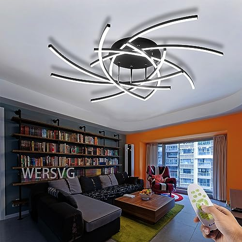 WERSVG 100cm Deckenleuchte LED Wohnzimmerlamp Modern Groß 120W Deckenlampe Schwarz 8-lampen Dimmbar 3500K-6500K Deckenleuchte Acryl Flurlampe Decke Esszimmerlampe, für Wohnzimmer Schlafzimmer Küche