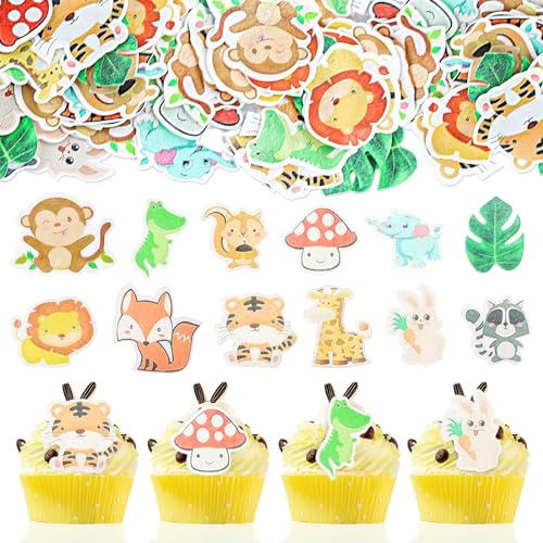 60 Stück Essbare Tortendeko Tiere,Esspapier Tortendeko Geburtstag Junge,Cupcake Topper Essbar,Dschungel Kuchendeko 1. Geburtstage,Muffin Deko Essbar,Waldtiere Geburtstage Deko,Safari Geburtstagsdeko