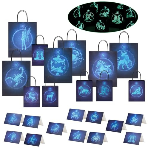 Neatnsharp Sacchetto regalo zodiacale che si illumina al buio con design creativo con costellazione luminosa, 24 pezzi includono 12 sacchetti fosforescenti e 12 biglietti di auguri fosforescenti -