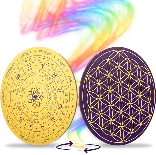 VIBRATIS Fleur de Vie en Bois pour Recharger Pierres et Pendules Divinatoires, Support avec Cadrans et Planche pour Pendule ⌀15 cm, Fabriqué en France