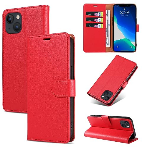 KKEIKO Handyhülle für iPhone 13 Mini Hülle, Magnet Klappbar Handyhülle mit Kartenfach, PU Leder Stoßfest Schutzhülle für iPhone 13 Mini, Rot