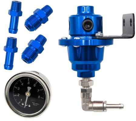 Universal Adjustable Fuel Pressure Regulator Kit, MACHSWON Fuel Pressure Regulator Liquid Filled Gauger with 4 Fitting Connectors, Fit for Most Cars And Trucks - Blue