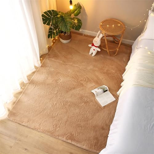 ZWPILY Hochflor Teppich Wohnzimmer Kinderzimmer Flauschig Fellteppich Kunstfell Fellimitat Plüsch Bettvorleger Einfarbig, Waschbar rutschfest, Modern Kunstfell Carpet,Khaki,60x90 cm