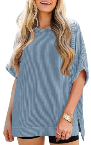 Tankaneo Womens Oversized T Shirts Summer Casual Loose Fit Ribbed Batwing Short Sleeve Tunic Tops Light Blue