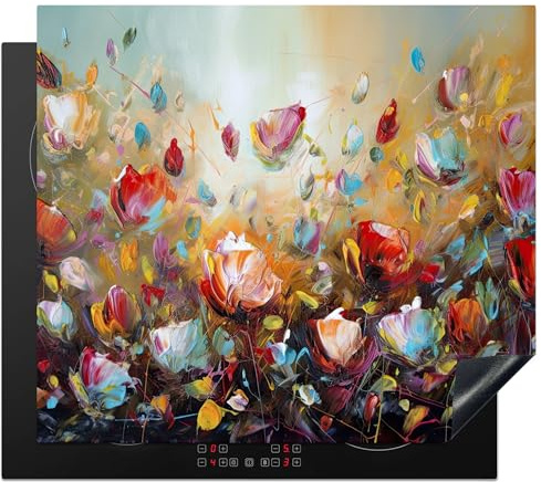 KitchenYeah© Herdabdeckplatte Einteilig Herdabdeckung Abdeckplatte für | 60x52 cm - Ceranfeld Abdeckung Induktionskochfeld Aufrollbare Matte Blumen - Kunst - Natur - Öl