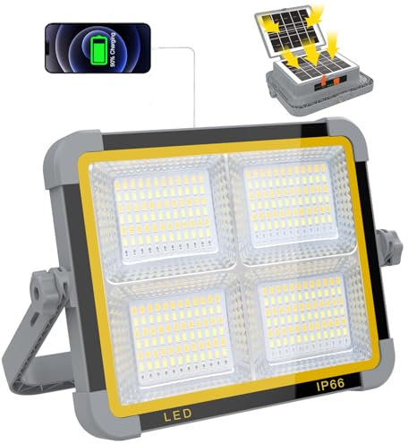 ERAY Faro LED Ricaricabile 150W, Faretto LED da Cantiere Portatile Con Doppio Pannello Solare 336 perle LED/4 Modalità/Batteria da 9000mAh/IP66, Ideale per Emergenza, Campeggio, Riparazione