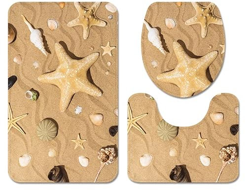 Bad Teppiche Set 3-Teiliges Gelbe Strandmuschel WC Vorleger Mit Ausschnitt Badematte Saugfähig WC Deckelbezug Badvorleger rutschfest Waschbar Toilettensitzbezug Badgarnitur (50x80cm)