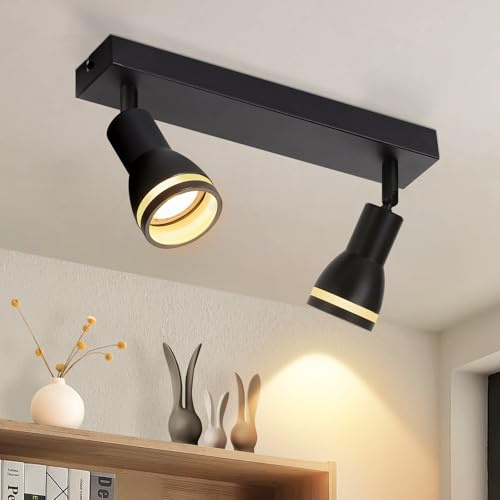 Deckenstrahler 2 Flammig Schwarz GU10 Deckenlampe für Küche Flur Schwenkbar | LED Deckenleuchte Metall Deckenspot 185° drehbar Modern Spotlight für Wohnzimmer Küche Büro, Ohne Leuchtmittel