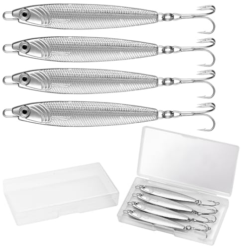 Annyswit 4 Pcs Metal Sea Fishing Lures with Trebles Hooks Silver Minnow Spoon Lures 20g 30g 40g 60g Pike Sea Fishing Tackle Metal Jigs for Mackerel & Cod & Bass & Freshwater (30g*4Pcs)