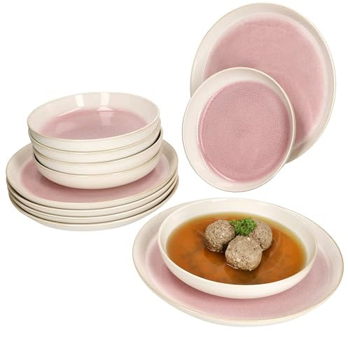MamboCat Reactive Glaze Paris - Servizio da tavola da 12 pezzi, colore: Crema e rosa, stoviglie in gres porcellanato per 6 persone, 6 piatti fondi profondi, 400 ml e 6 piatti piani piani piani