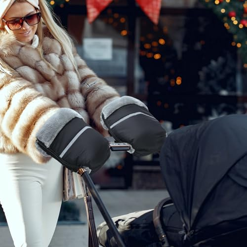 Bighan Handmuffs, Stroller Pram Hand Muff Waterproof Hand Gloves with Extra Thick Fleece for Pram, Buggy, Bike and Trailer - Black