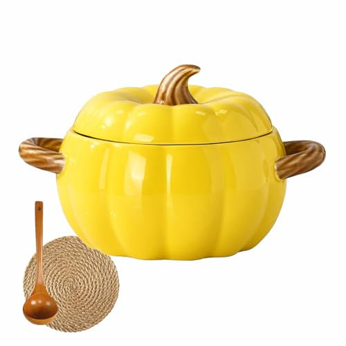 WXFKLDJ Giallo, Pentola Olandese con Coperchio, Ciotole per Zuppa in Ceramica di Zucca con Manici, Mini Ciotole in Ceramica per Cottura al Forno, Pentola per Brodo, per Arredamento per La Casa