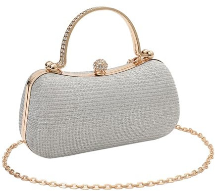 SHINROAD Abend-Clutch, Date, Nacht, Damen-Handtasche mit Kettenriemen, Strass, Schleife, Dekor, Umschlag-Schnalle, hellgrau, Einheitsgröße