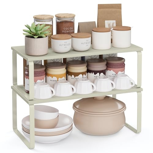 SONGMICS Spice Rack, Set of 2 Cupboard Shelf Organisers, Expandable Kitchen Shelf Organiser, Stackable Spice Holder, Metal and Engineered Wood, Summer Sand KCS200K01