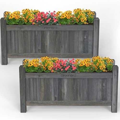 Vivo Technologies Set of 2 Large Wooden Garden Planter Outdoor Flowers Plant Pot Rectangular Garden Planters Planting Raise Bed Patio Decking, 60x20x31 cm, Grey