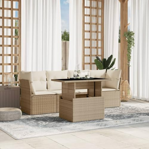 IKAYAA Rattan Gartenmöbel Set Polyrattan Lounge Gartenlounge Outdoor Balkon Lounge Gartengarnitur Sitzgruppe für Garten Terrasse und Balkon -Beige und Creme-5-tlg