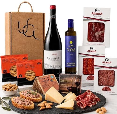 UNIVERSO GOURMET | Exklusive Gourmet-Geschenkbox | Rotwein g.U. Ribera del Duero | Natives Olivenöl Extra | Iberische Bellota-Wurstspezialitäten | Ibérico-Schinken & Schafskäse | Präsentkorb