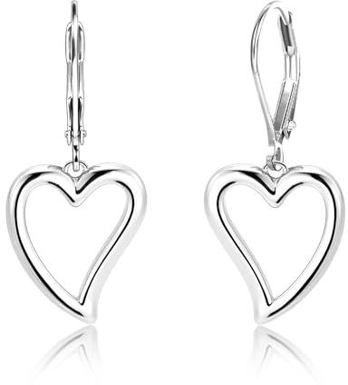 Sterling Silver Heart Dangle Earrings for Women Trendy Openwork Silver Heart Drop Hypoallergenic Love Heart Dangle Leverback Earings