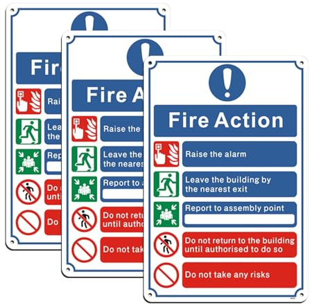 Yuzkouge Fire Action Notice Sign - 3 Pack, 20 x 30 cm | Rust Free Aluminum Fire Safety Sign, Weatherproof, Fade Resistant, Easy Mounting.