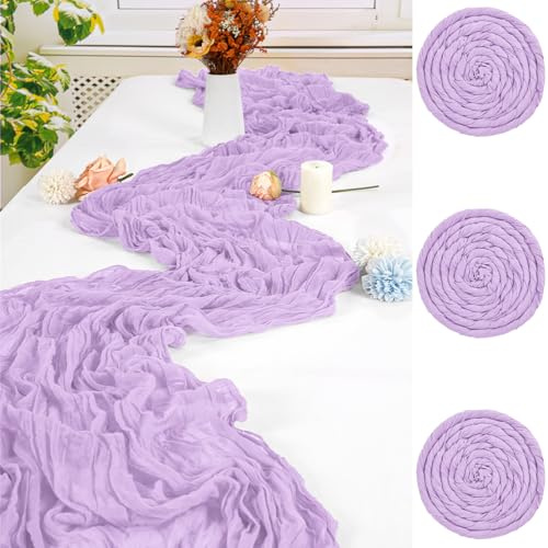 FXKS 3 Stück Lavendel Cheesecloth Tischläufer,90 x 300 cm | Polyester Gaze Stoff Boho Tischläufer Käsetuch Hochzeit Tischdecke für Hochzeit Brautparty Bankett Dekoration