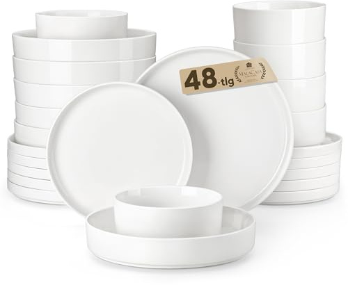 MALACASA Servizio di Piatti in Porcellana per 12 Persone, 48 Pezzi con Piatti Piani ∅ 26 cm e Piatti da Dessert ∅ 21 cm, Ciotole per Cereali da 760 ml e per Pasta da 1240 ml, Colore Bianco, Serie LEAH