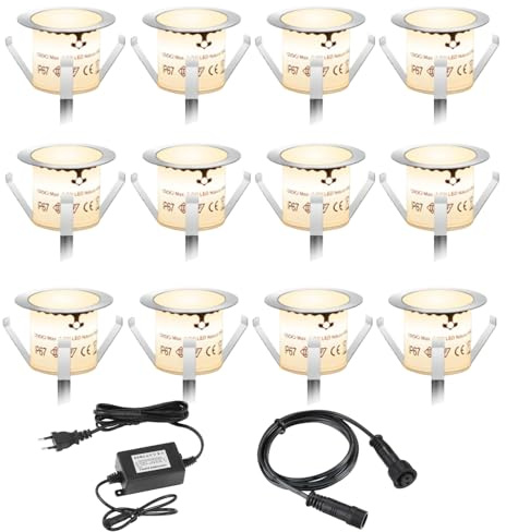 Smavolt 12er Set LED Bodeneinbaustrahler für Außen, IP67, 12x 0,6W Ø32mm 12V, 3K warmweiß, wasserdicht Mini Terrassen Einbaustrahler, Terrassenbeleuchtung für Küche Garten Gehweg Wegeleuchten
