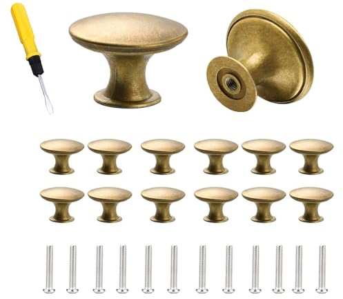 ZHITENG 12 Stück Schrankgriffe Vintage und Einen Schraubendreher, Möbelgriffe Gelbbronze Schrankknöpfe Runde, Knauf für Schrank Zinklegierung für Schublade Küche, Badezimmer Kommode Kleiderschrank
