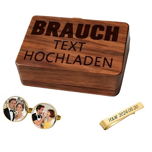 Personalisierte Manschettenknöpfe Krawattennadel für Herren Mit Foto Initialen Namen Datum in Gravur Geschenk in Holzbox für Trauzeugen Vater Bräutigam Freunde