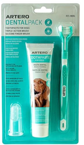 Artero Kit de Higiene Dental para Perros - Cepillo Triple Acción, Dedero de Silicona y Pasta de Dientes Comestible - Prevención de la Placa y Aliento Fresco - Apto para Todas las Razas