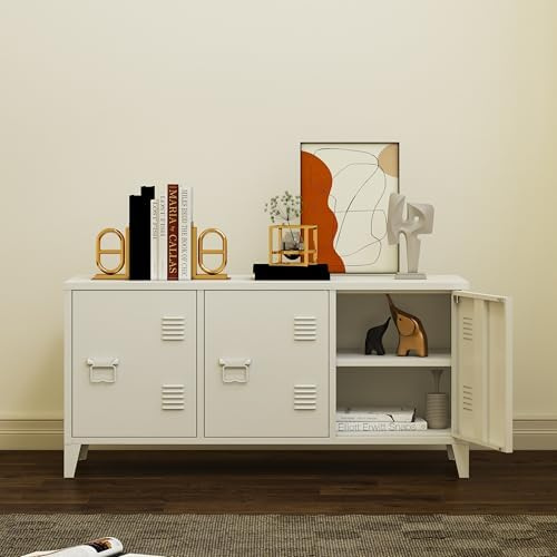 MIOCASA Metal Cabinet with Doors and Shelf,Industrial Steel Storage Cabinet TV Stand, 2 Tier Low Locker TV Cabinet for Home and Office White Size: 44.49W×15.75D×22.83H