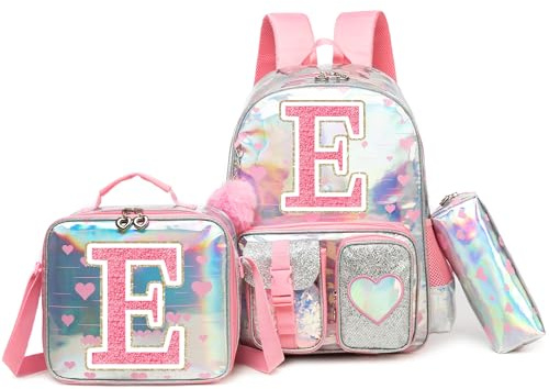 HTgroce Sac à Dos Fille Primaire avec Lettre E – Set 3 Pièces Cartable Scolaire avec Sac et Trousse – Ergonomique pour CP CE1 CE2 CM1 CM2