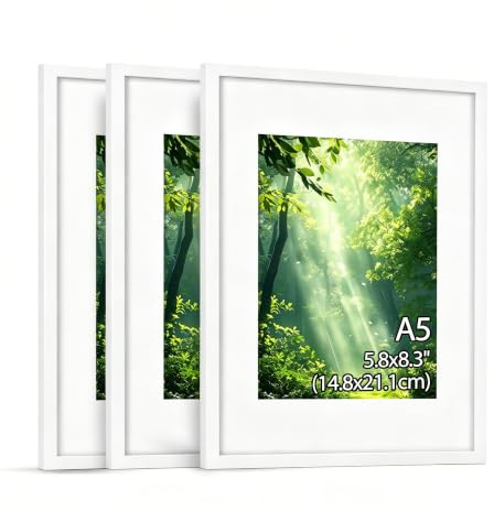 ZORVENIX 3er Set Bilderrahmen A5(14,8x21 cm), Holzrahmen mit Passepartout für 9x14 cm Fotos, Weiß