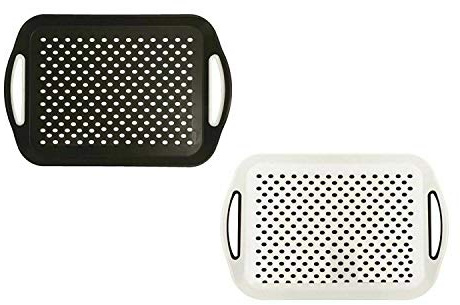 2X Set of Anti-Slip Rectangular Non-Slip Top and Bottom Plastic Dinner/Drinks Serving Tray with High Grip Rubber Surface, Easy Grip Handles, Black & White.