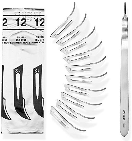 Set - 10 Stück Skalpellklingen Figur 12 aus Karbonstahl - Ersatzklingen einzeln steril verpackt + 1 x May - Skalpell-Halter mit 20 cm langem und gebogenen Griff - Edelstahl | Abgewinkeltes Zubehör für DIY. Ideal für schwer zugängliche Stellen.