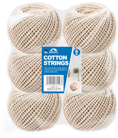 6 x Cotton String Rolls 60m Each Roll | 360m Natural Cotton Twine for Gift Wrapping, Crafts, Gardening, Packaging, DIY Projects and Decoration