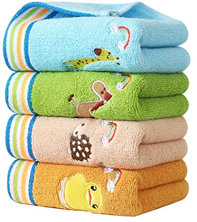 Guaksxi 4 Stück Waschlappen Kinder Handtücher Weiche 4 Farben Kinder Badetücher 100% Baumwolle Gesichtstücher Baby Badetuch für Kinder (25 x 50 cm, Bunt Tier)