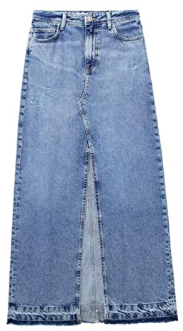 TOBILE Falda Larga de Mezclilla para Mujer, Azul de Cintura Alta con Abertura Desteñida, Botones de Primavera, Vaquera, Talla 40